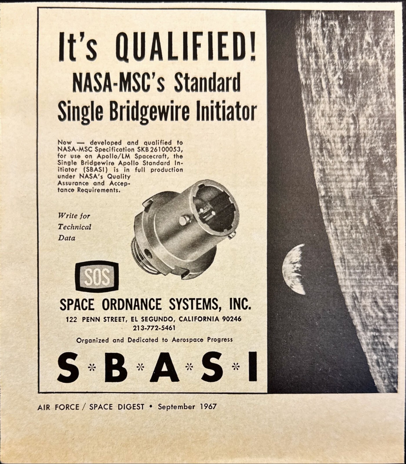 Space Ordnance Systems NASA Apollo Bridgewire Initiator Vintage Print Ad 1967