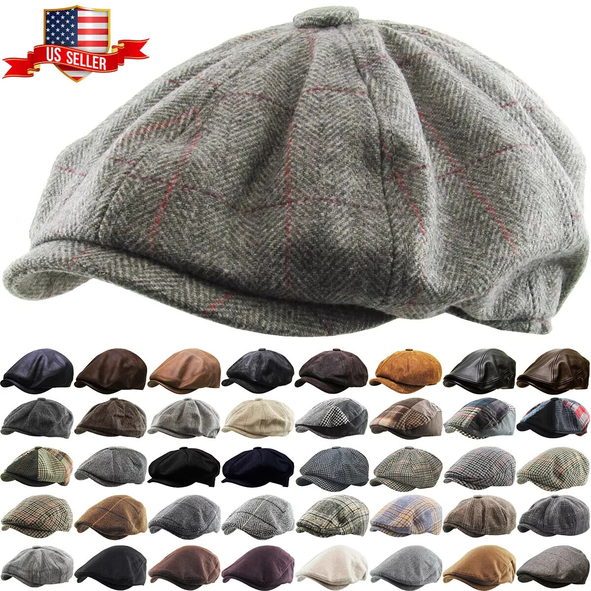 Newsboy Ivy Ascot Cabbie Hat Cap Plaid Wool Herringbone Gatsby Golf Driving