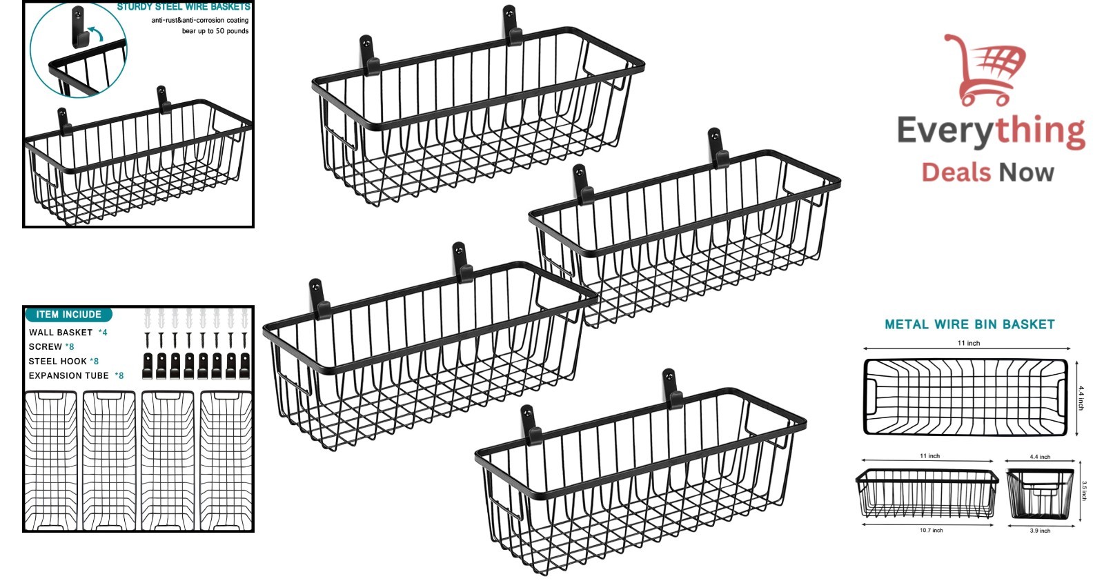 4 Pack Farmhouse Metal Wire Wall Mount Baskets Rustic Hanging Storage Organizer