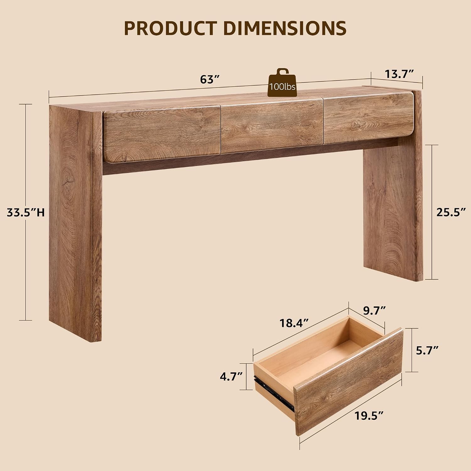 63'' Console Table W/ 3 Drawers Farmhouse Entryway Table W/ Rounded Corners