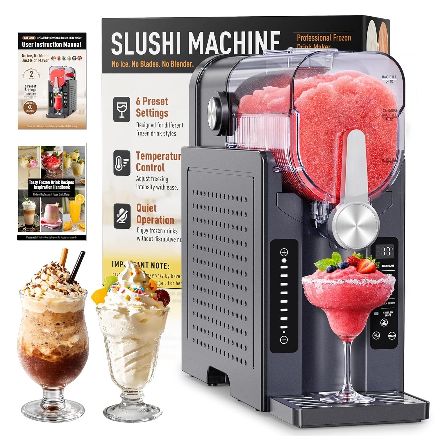Slushie Machine: No Ice Needed Slushy Machine for Home, 6 Preset, Real-Time temp