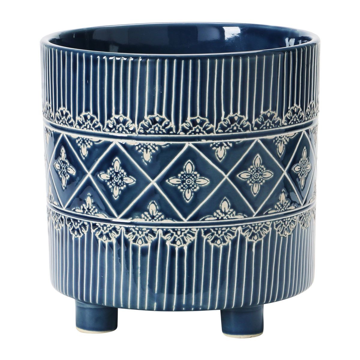 Storied Home Debossed Stoneware Footed Planter with Pattern, Blue and White