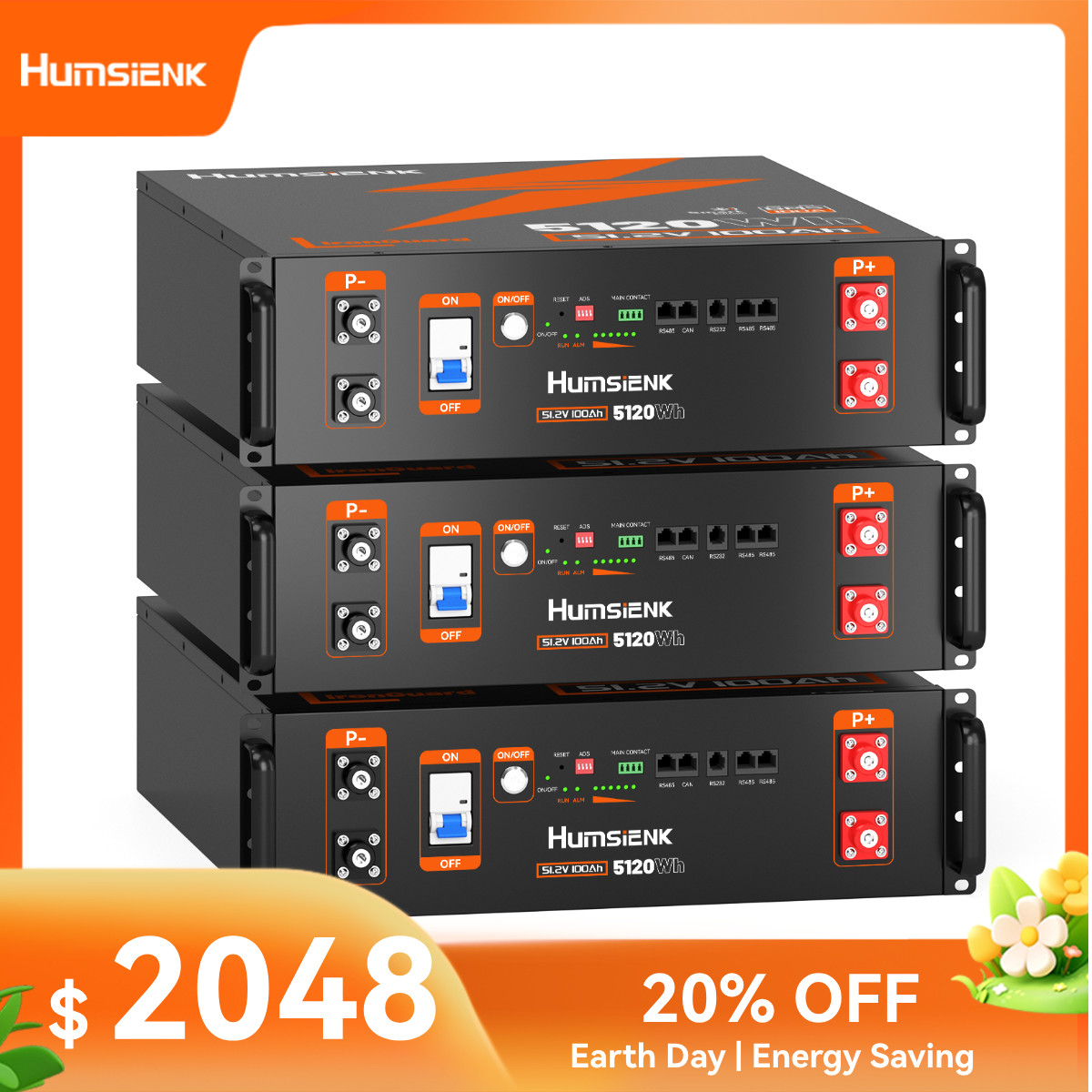 HumsiENK 3Pcs 48V 100Ah LiFePO4 Lithium Battery Deep Cycle Energy UL1973 UL9540A
