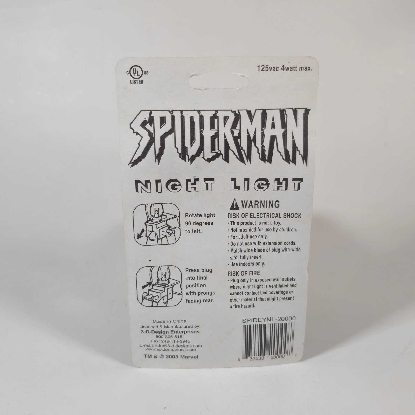 2003 Spider-Man Night Light 3-D Designs NEW