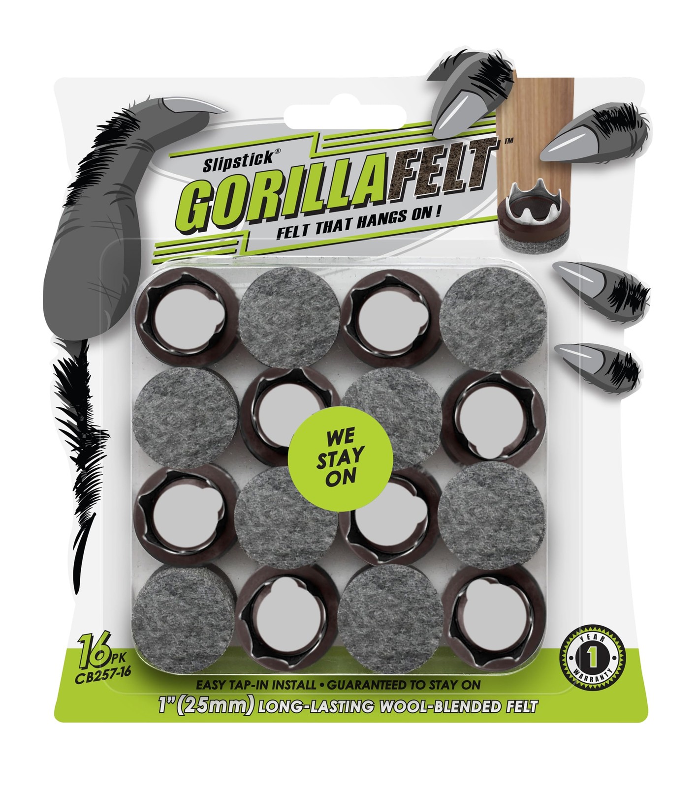GorillaFelt Chair Leg Floor Protectors/Felt 1 Inch 16 Pack, Brown / Grey