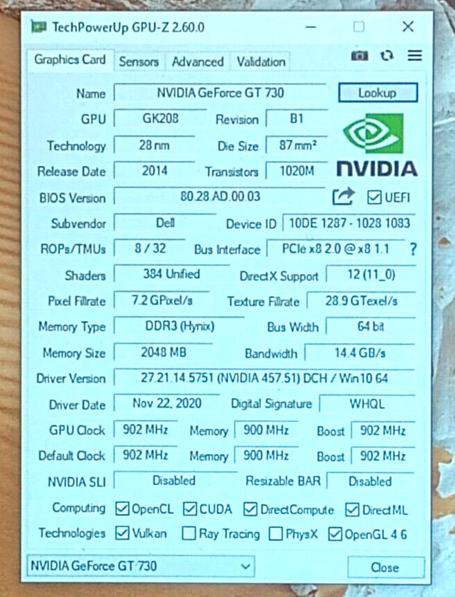 0J27RG Nvidia Geforce GT730 2GB DDR3 HDMI DVI VGA 64 bit Graphic Card J27RG