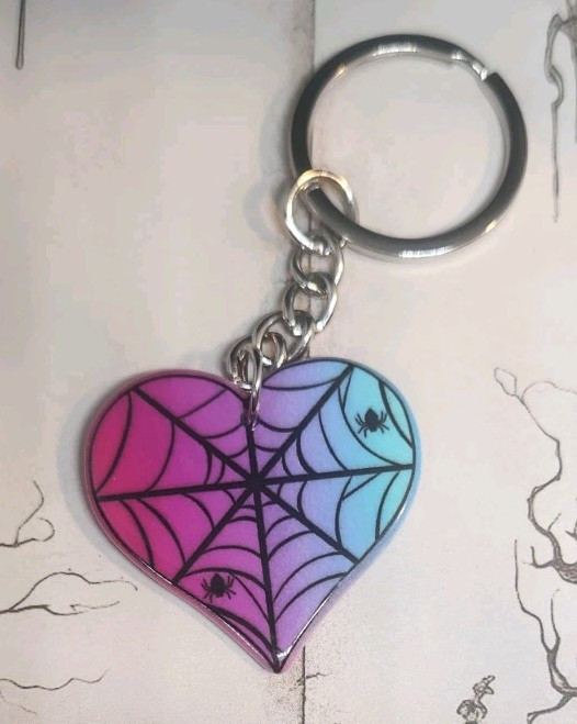 Cute Goth Spider Web Heart Keychain Gothic Halloween