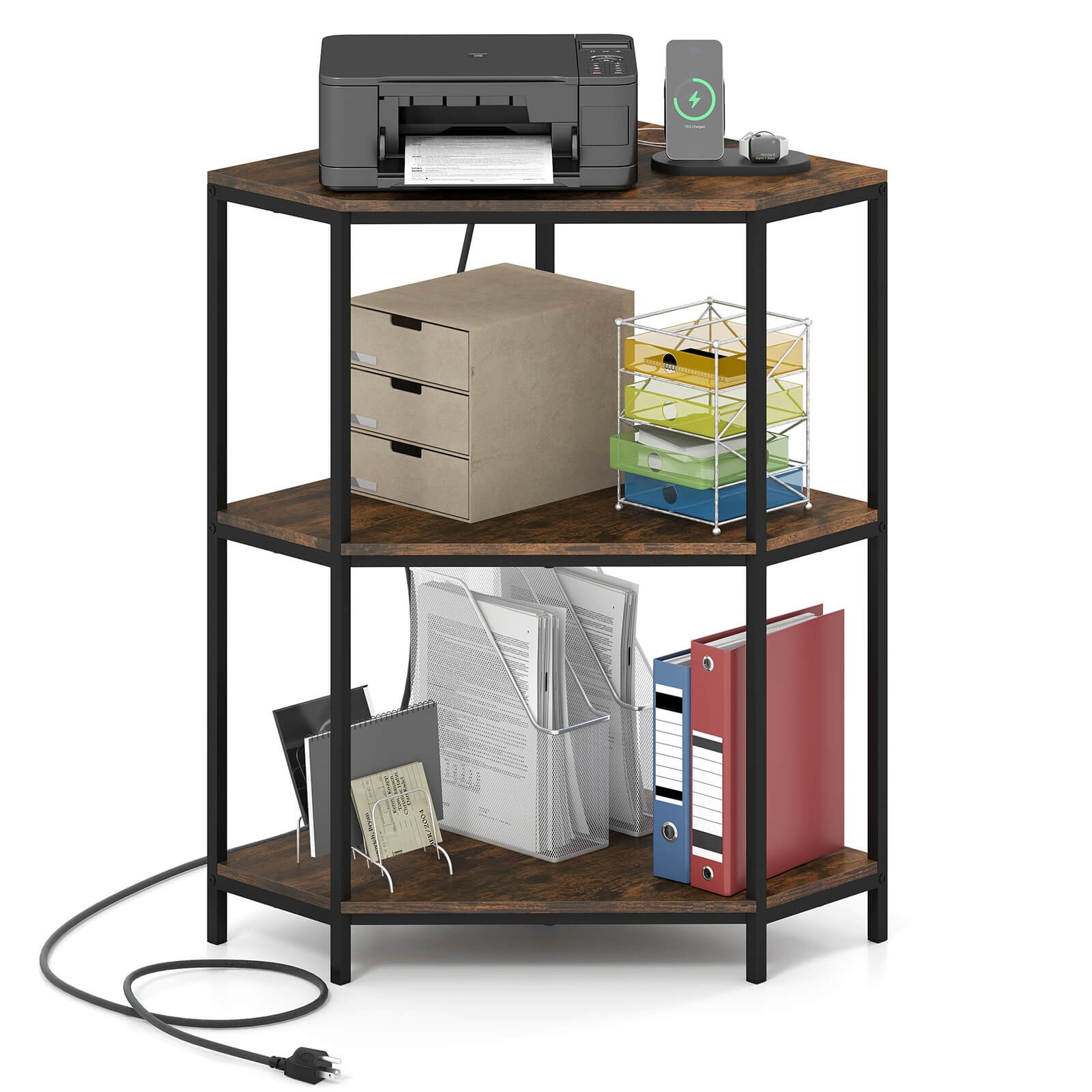 3-Tier Corner Printer Stand w/Charging Station & Metal Frame for Living Room