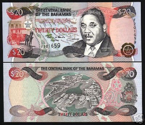 BAHAMAS 20 DOLLARS P-65 A 1997 RARE SHIP HORSE SURREY UNC SHIP BAHAMIAN BANKNOTE
