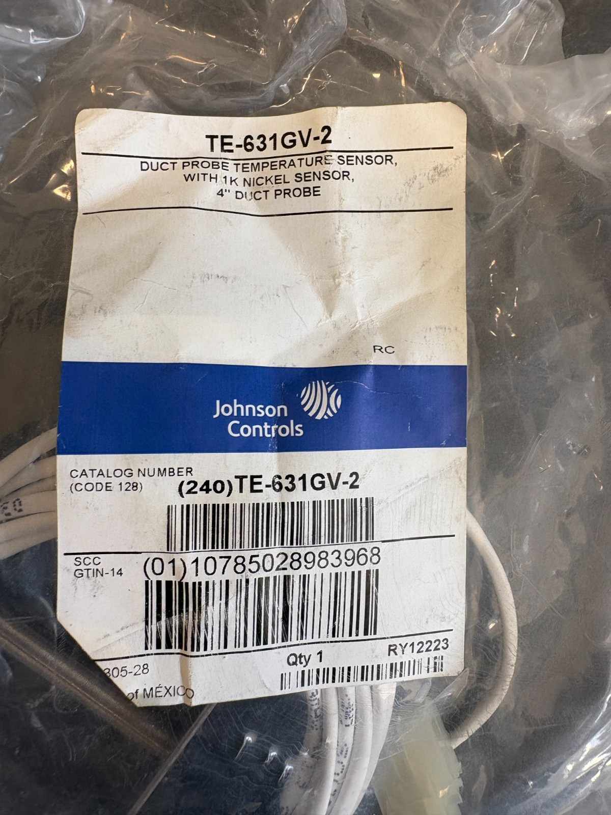 Johnson Controls 4" Duct Probe Temperature Sensor w/ 1k Nickel Sensor TE-631GV-2