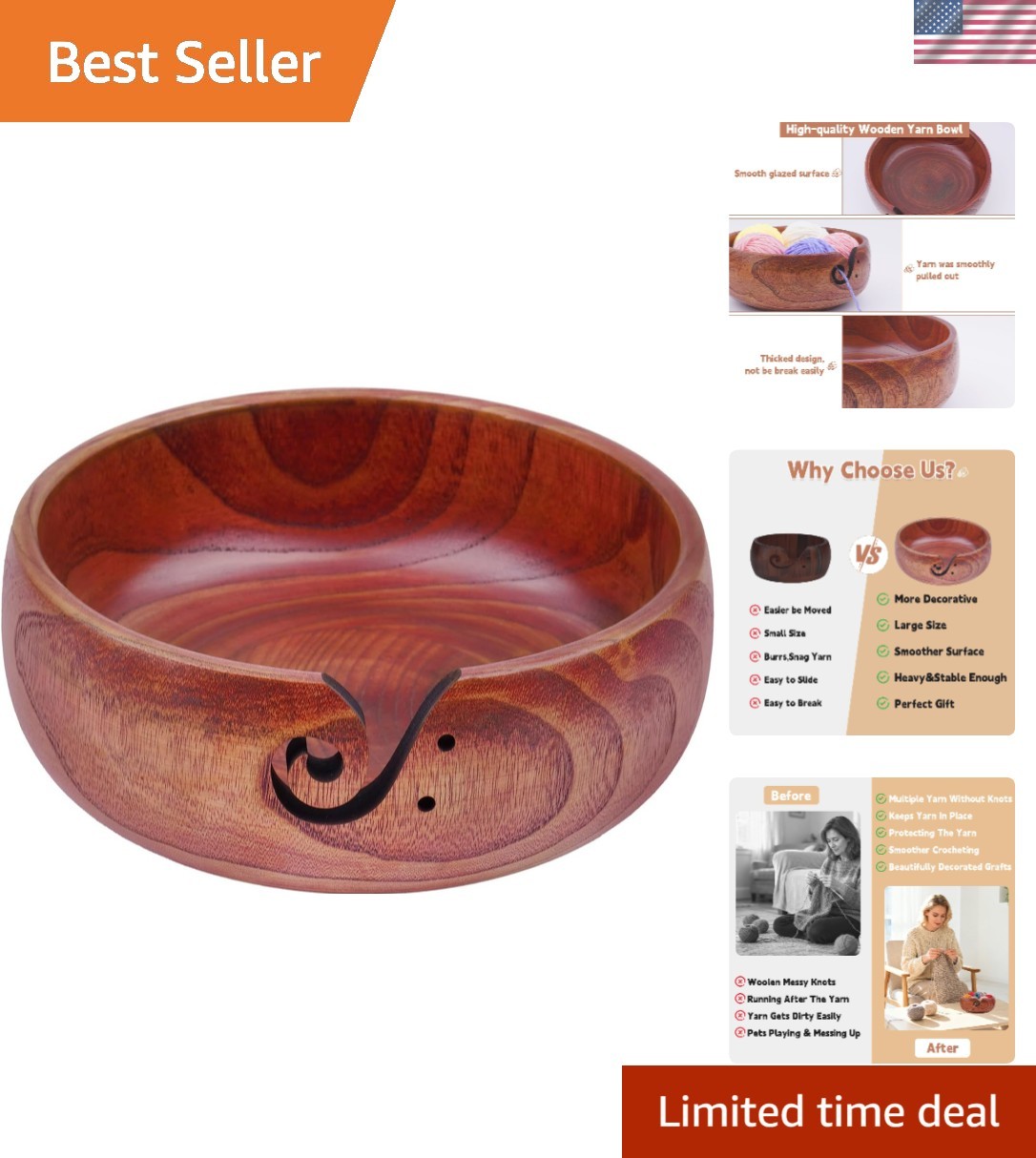 Extra Large Rosewood Yarn Bowl with Spiral Groove and Hole,8" x 3" | Handmade...