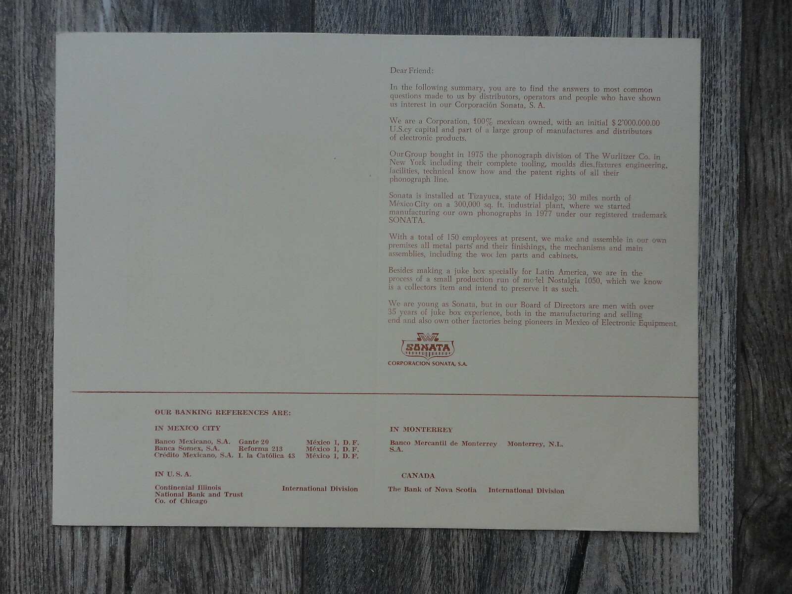 Sonata Wurlitzer Jukebox Info Flyer Original Brochure
