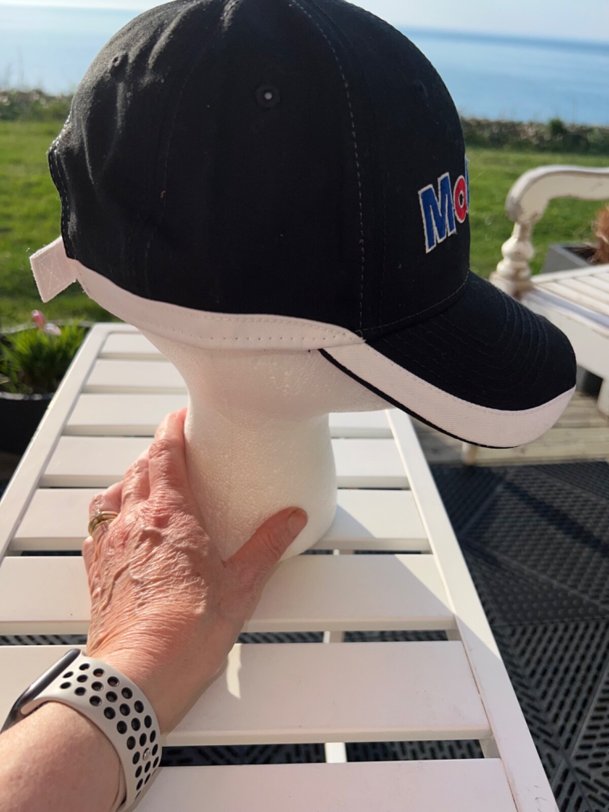 Mobile BlackHat Cap with RWB Accents White Edges on Bill Hook Loop EUC