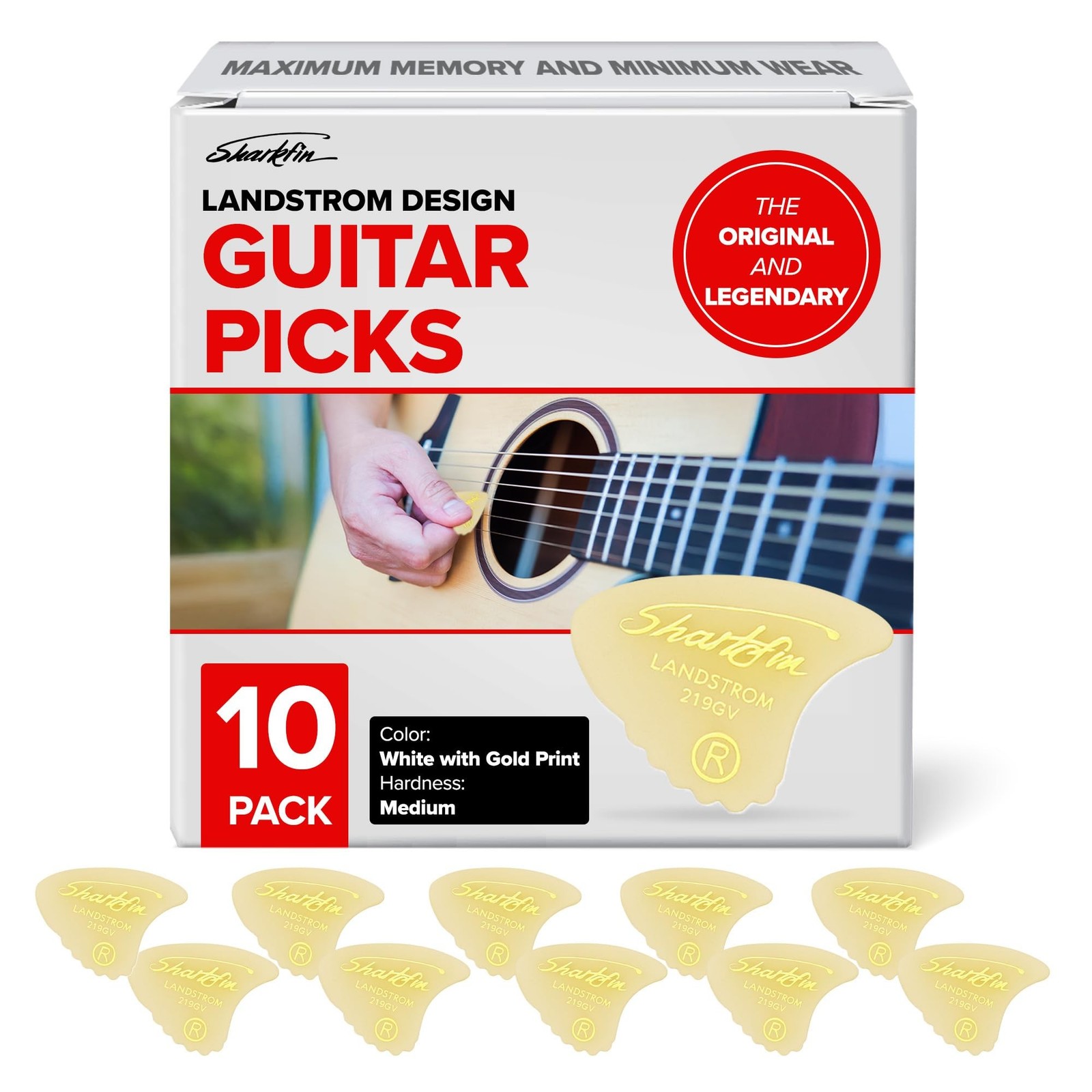 Landstrom Design Sharkfin Medium Guitar Picks (White Goldprint, 10-Pack) | 3 ...