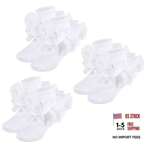Girls Ruffle Socks Toddler Girl Gold Silver 6-8 Years White Ruffles - 3 Pairs