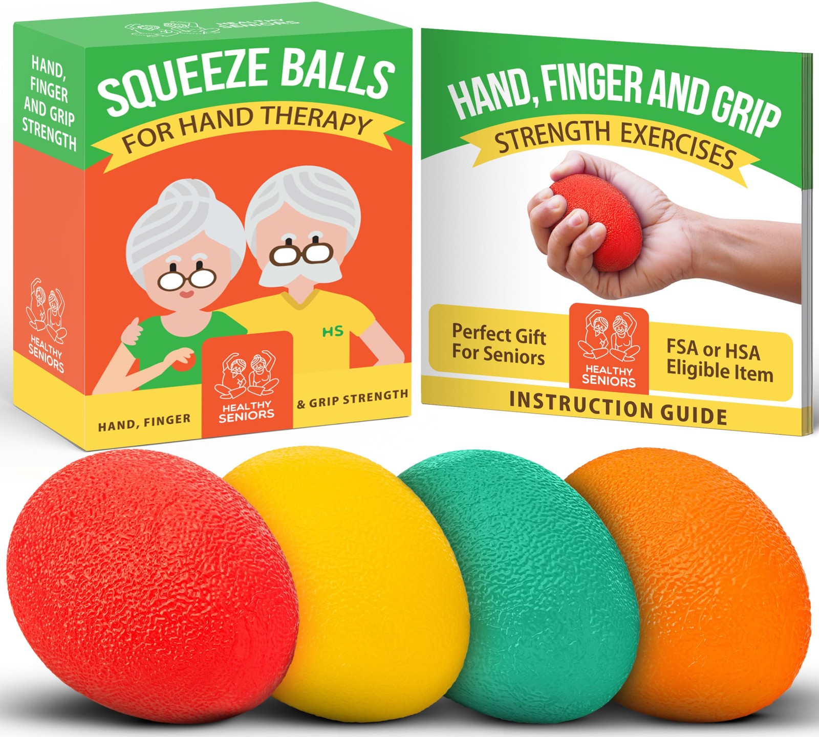 Healthy Seniors Hand Therapy Squeeze Balls – Set Yellow, Orange, Red, Green