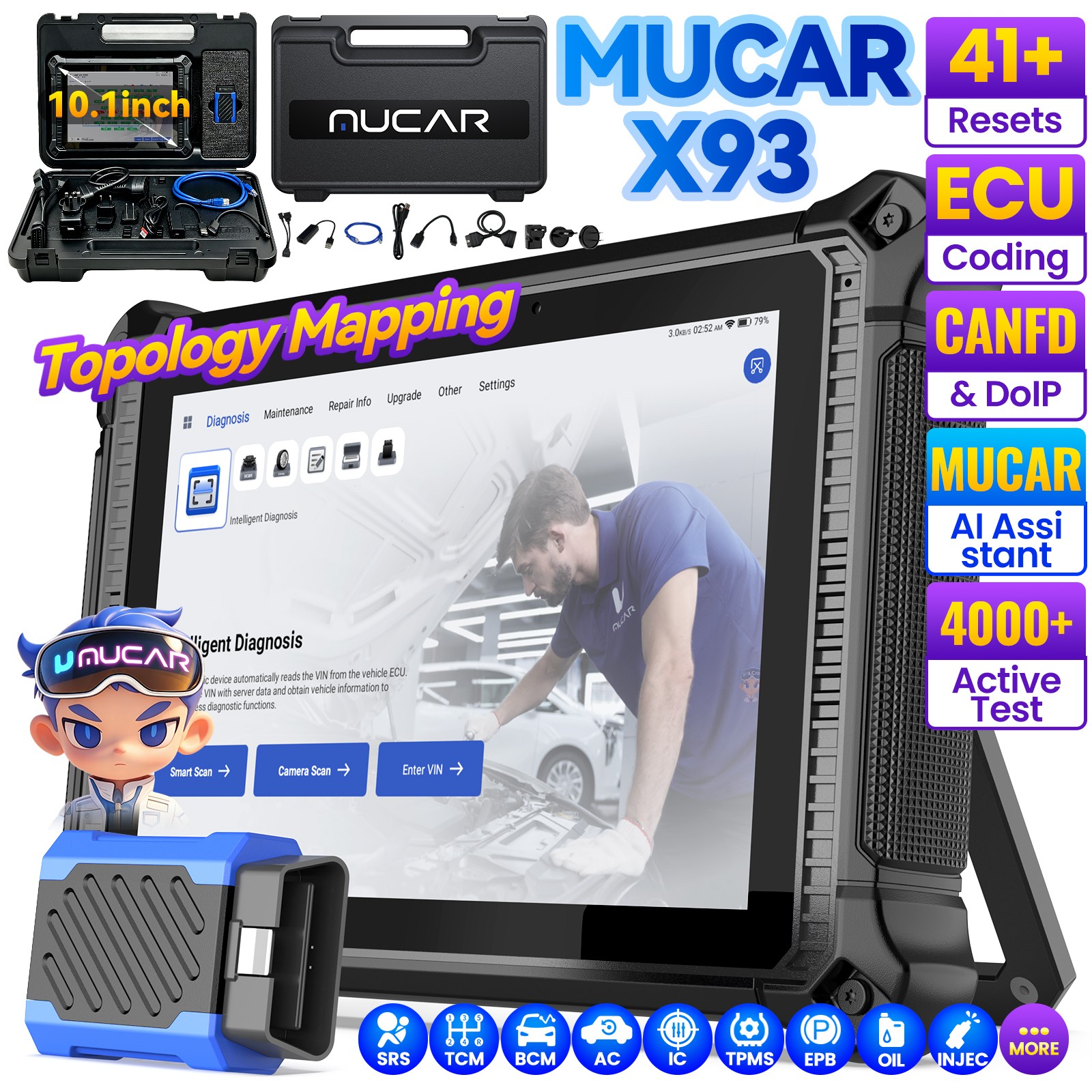 MUCAR X93 10" Topology DoIP AI Diagnostic Bi-directional Scanner ECU Coding USA