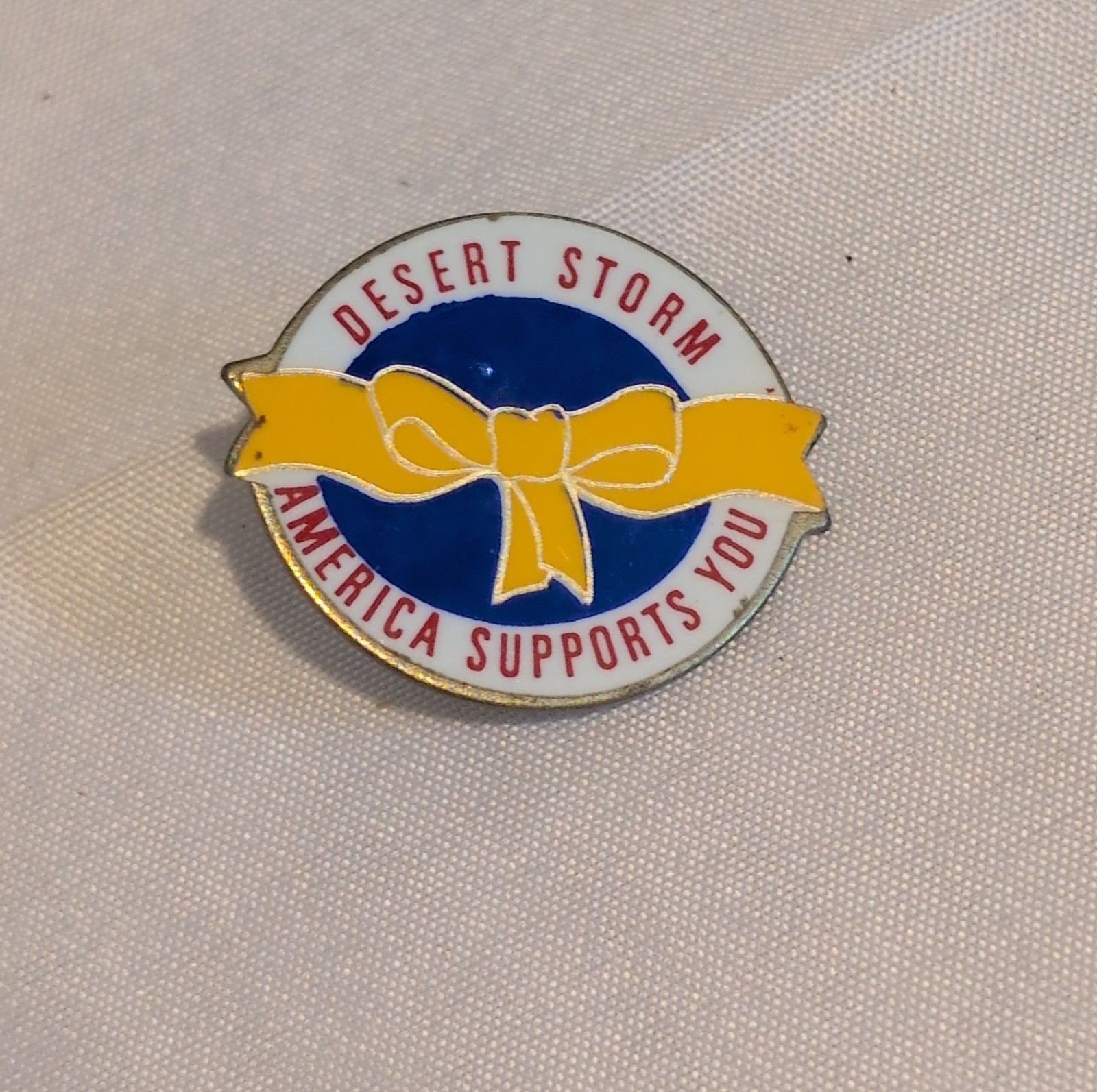 Desert Storm America Supports You Yellow Bow 1.5" Brass & Enamel Lapel Pin