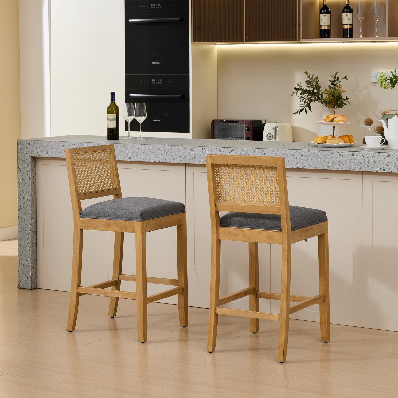 Full Solid Wood Rattan-Back Bar Stool, Matte Linen Cushion with High-Resilienc