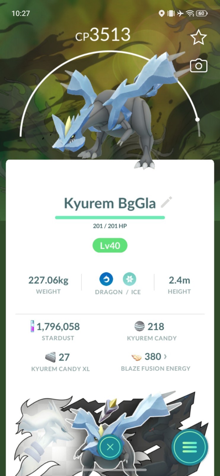 Kyurem w/ Background Black or White - Level 40 - with Glaciate Move - Pokémon Go