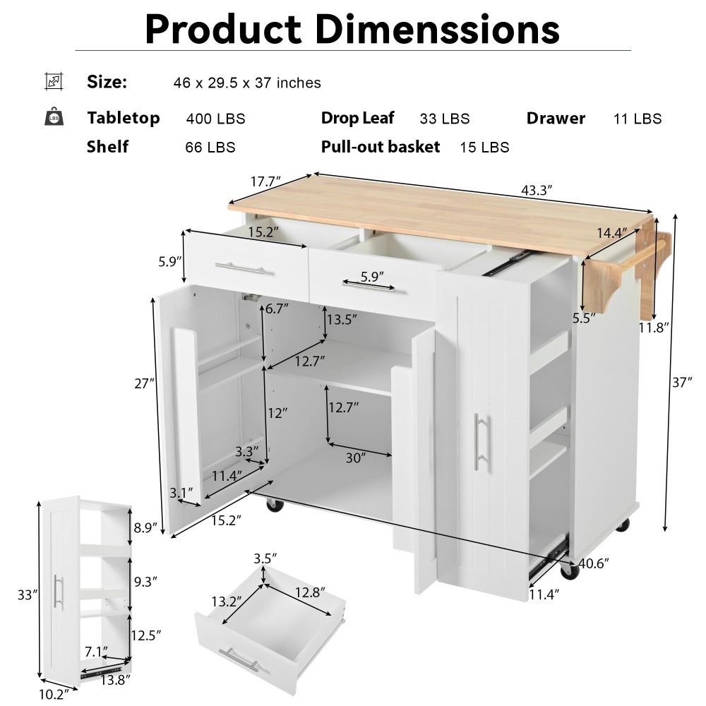 Kitchen Island with Drop Leaf with 3 Tier Pull Out Cabinet Organizer, White