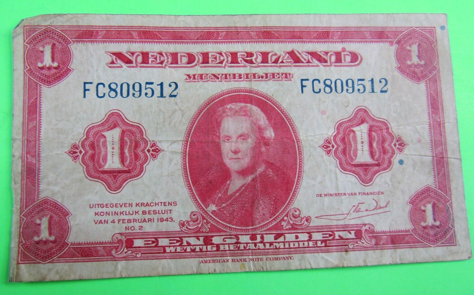 NETHERLANDS, 1 GULDEN, Qn. Wilhelmina @ ctr, 1943