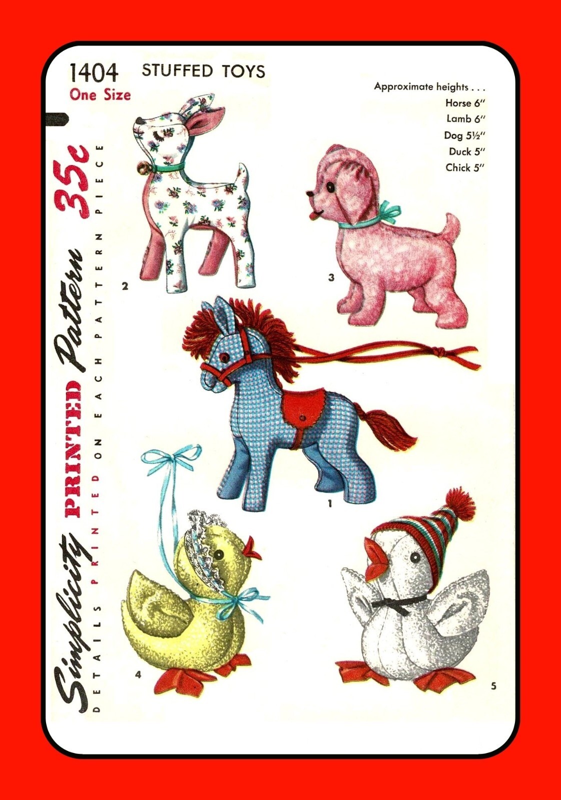 Stuffed Animal Pattern 1404 PUPPY Duck HORSE Chick LAMB Vintage 1955 Craft