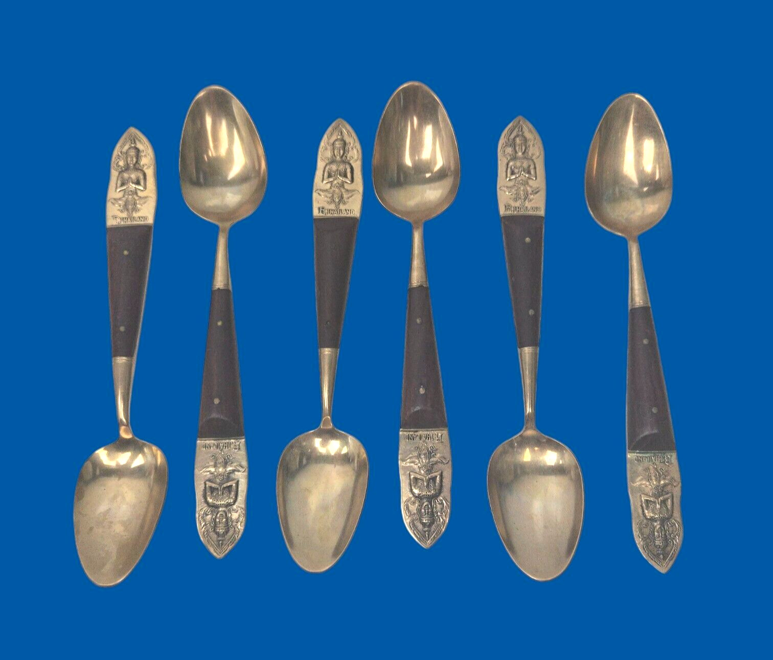 Vintage 6 Teaspoons Spoons Buddha Bronze Rosewood Flatware Siam Thailand 6.25”