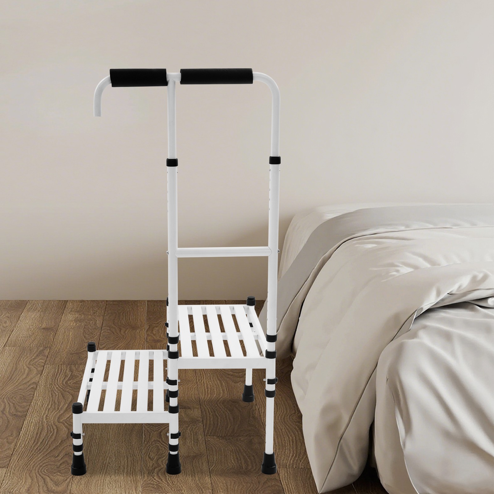 White Floor Standing Step Stool Adult Ramp with Handrail Metal Stepping Stool