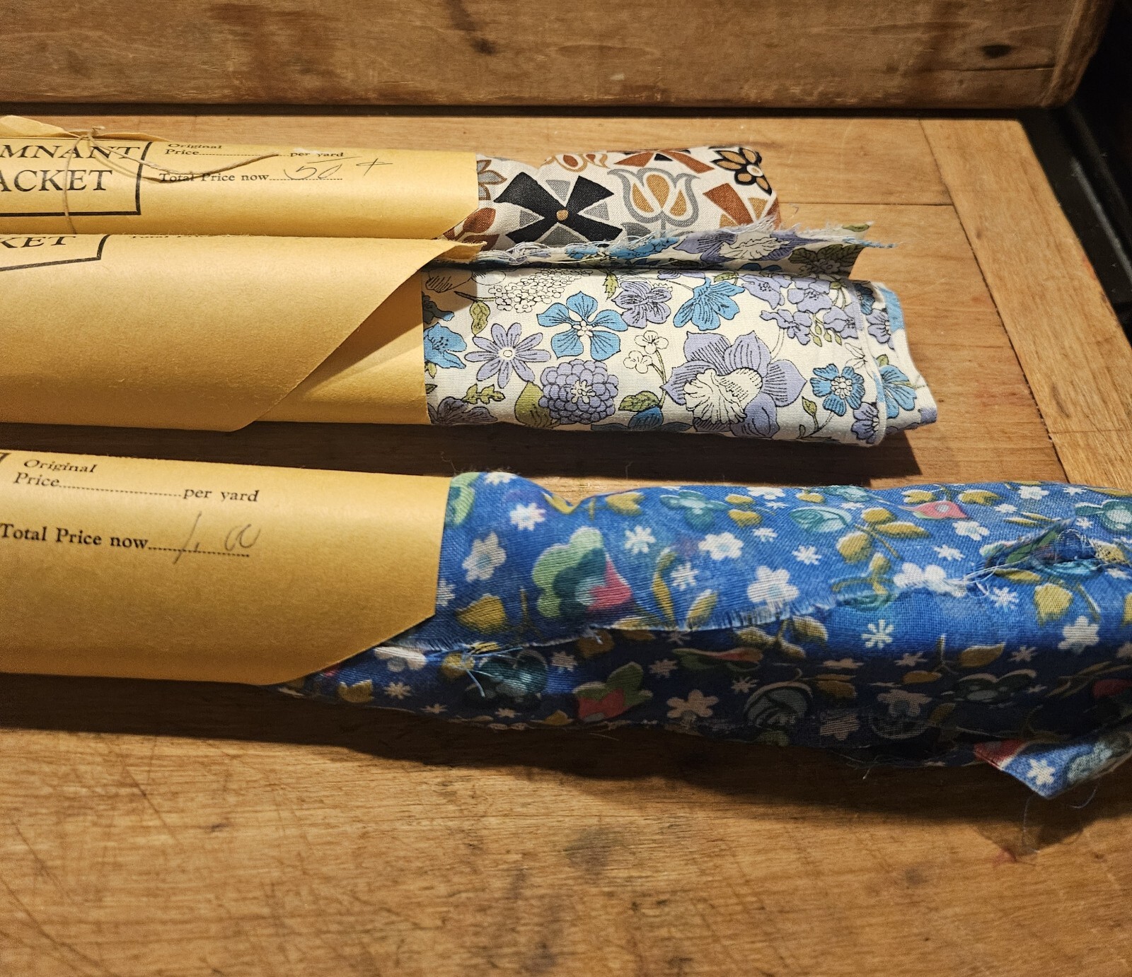 NEAT VINTAGE LOT OF 3 ORIGINALLY PACKAGED OLD MATERIAL ROLLS REMNANTS OLD SEWING
