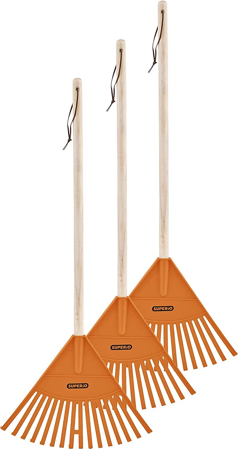 Superio Kids Garden Rake with Wooden Handle Orange Head to Sweep Leaves (3 Pack)