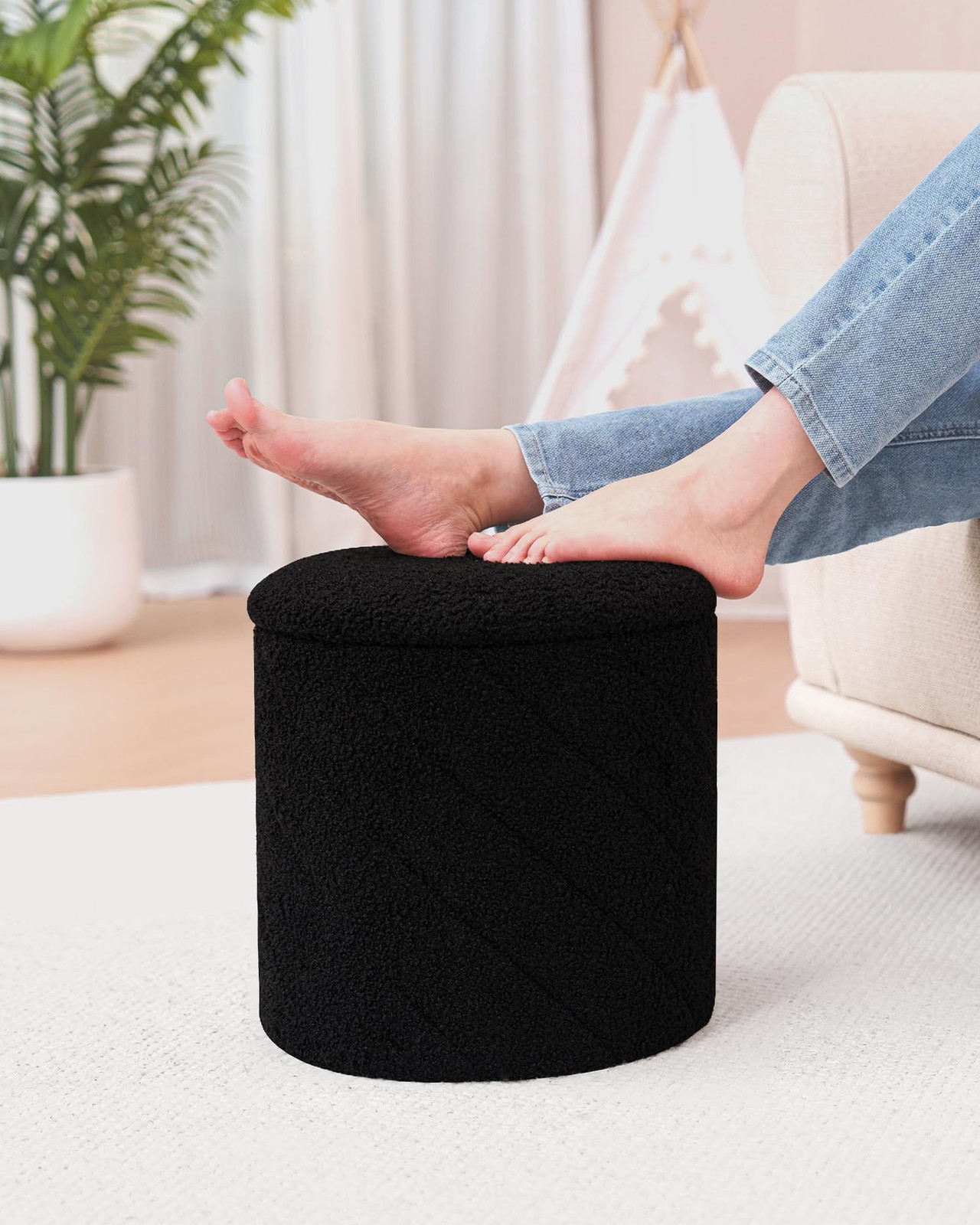 ZOLANOful Round Ottoman with Storage, Boucle Foot Rest Stool with Reversible ...