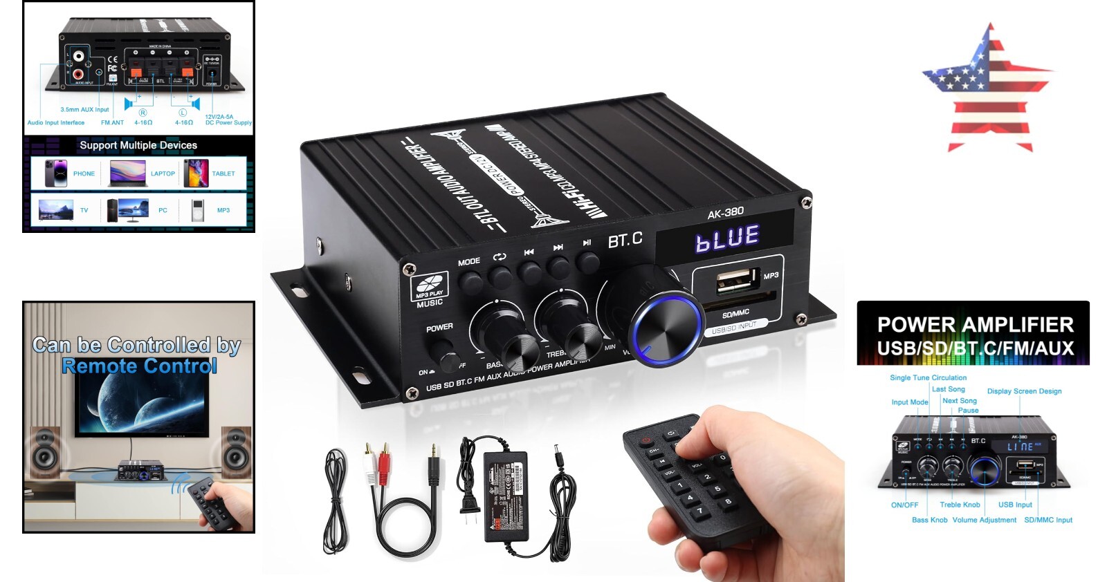 Compact Bluetooth Amplifier with Remote Control - Supports Bluetooth/USB/AUX/RCA