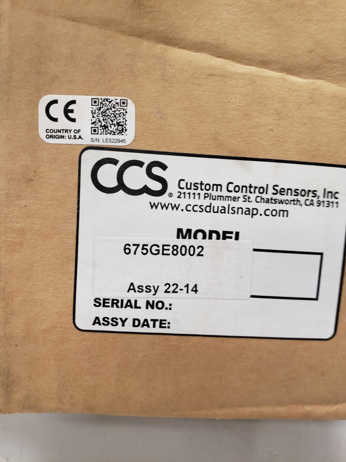 Custom Control Sensors Inc 15 Amp Pressure Switch 675GE8002