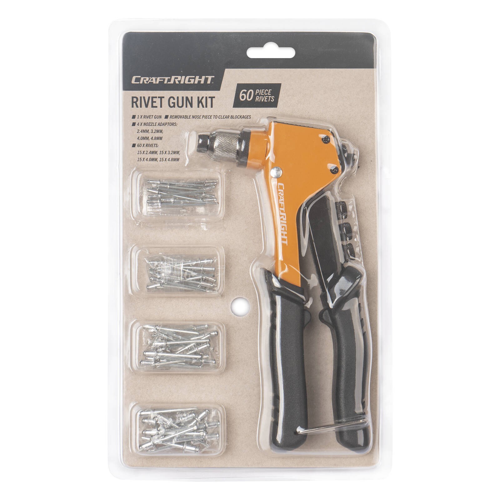 Craftright 285 x 175 x 45 Gun Rivet Set With 60 Piece Rivets