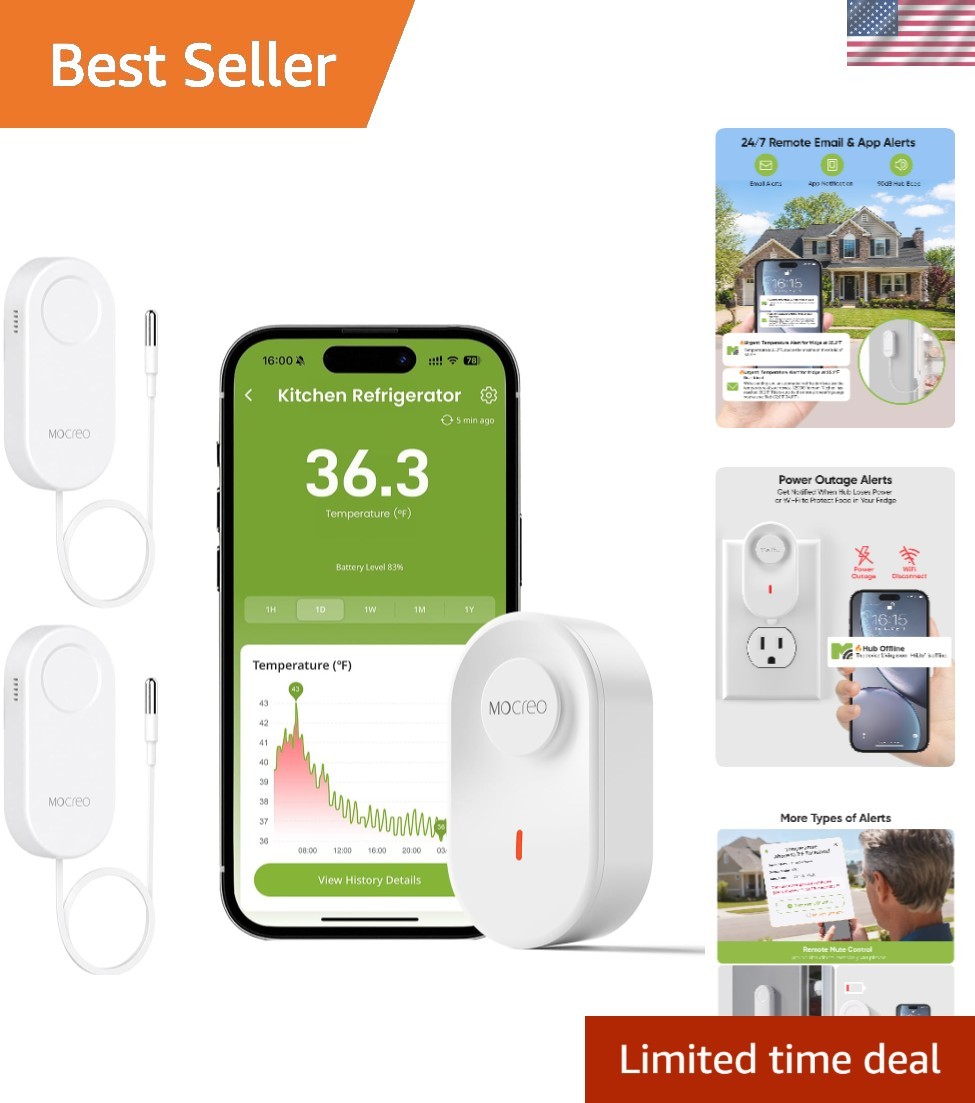 WiFi Thermometer Freezer Alarm, Email Alert, App Notification, Data Record Ex...