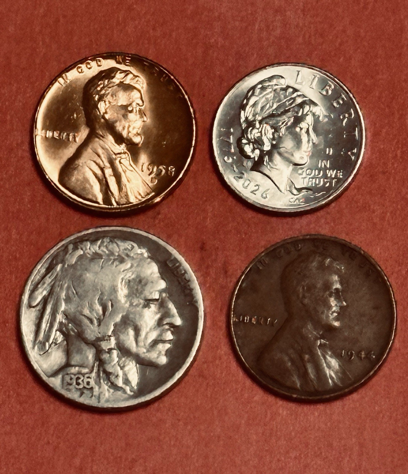 1936-1944-P/1958-2026-D 4 Coin Set L. Wheat Cents , Buffalo Nickel,Liberty Dime