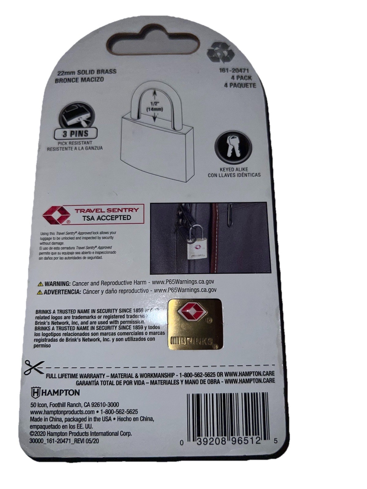 Brinks Solid Brass Body Locks. 4 Pack. Water Resistant. TSA Accepted.