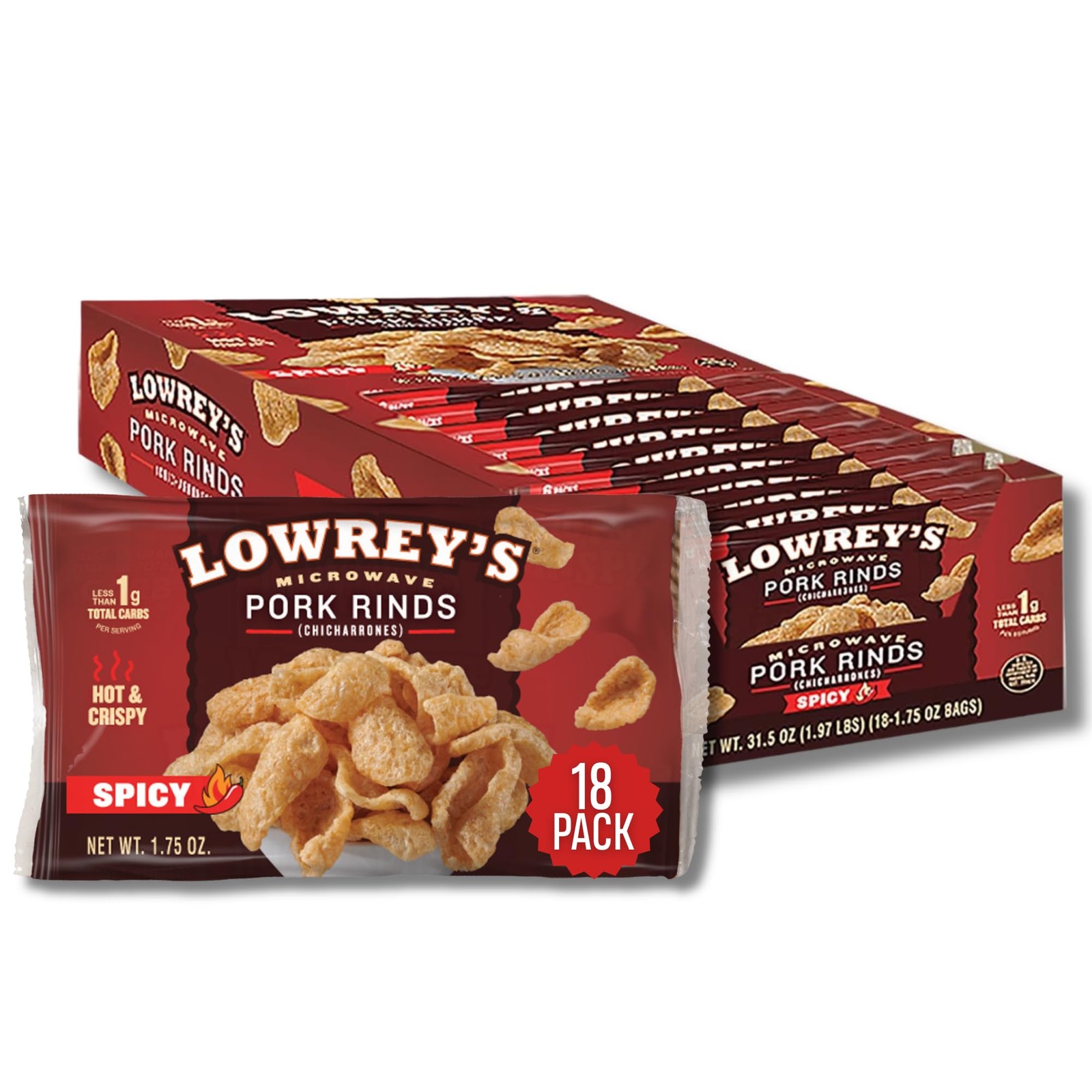 Lowrey's Bacon Curls Microwave Pork Rinds (Chicharrones), Hot & Spicy, 1.75 O...