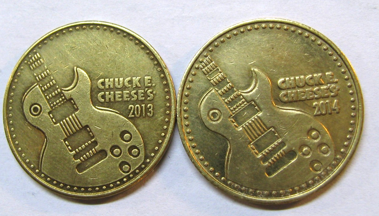 2013 & 2014 CHUCK E CHEESE ARCADE GAME BRASS COIN TOKENS *  CHUCK E.ROCKS *