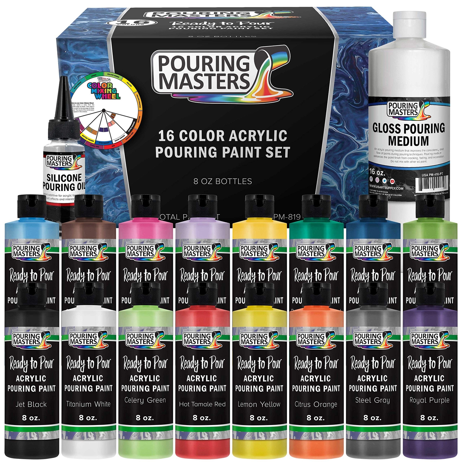 Pouring Masters 16-Color Ready-to-Pour Acrylic Pouring Paint Set, with Silico...