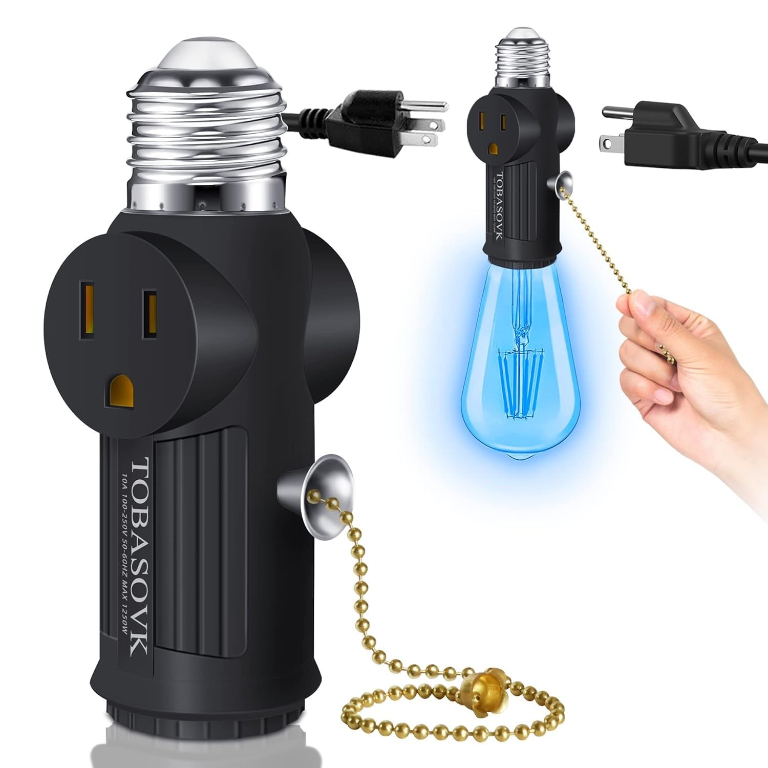 Light Socket to Plug Adapter, Both Sides Support 3 Prong Black