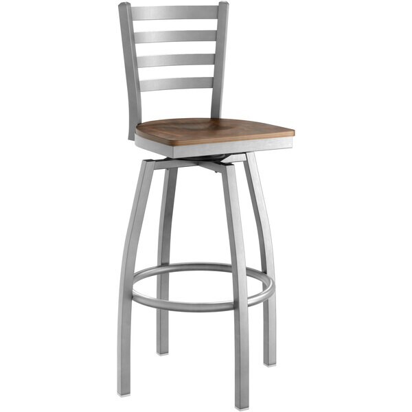 10 PACK Clear Coat Ladder Back Swivel Metal Restaurant Barstool w/ Vintage Wood