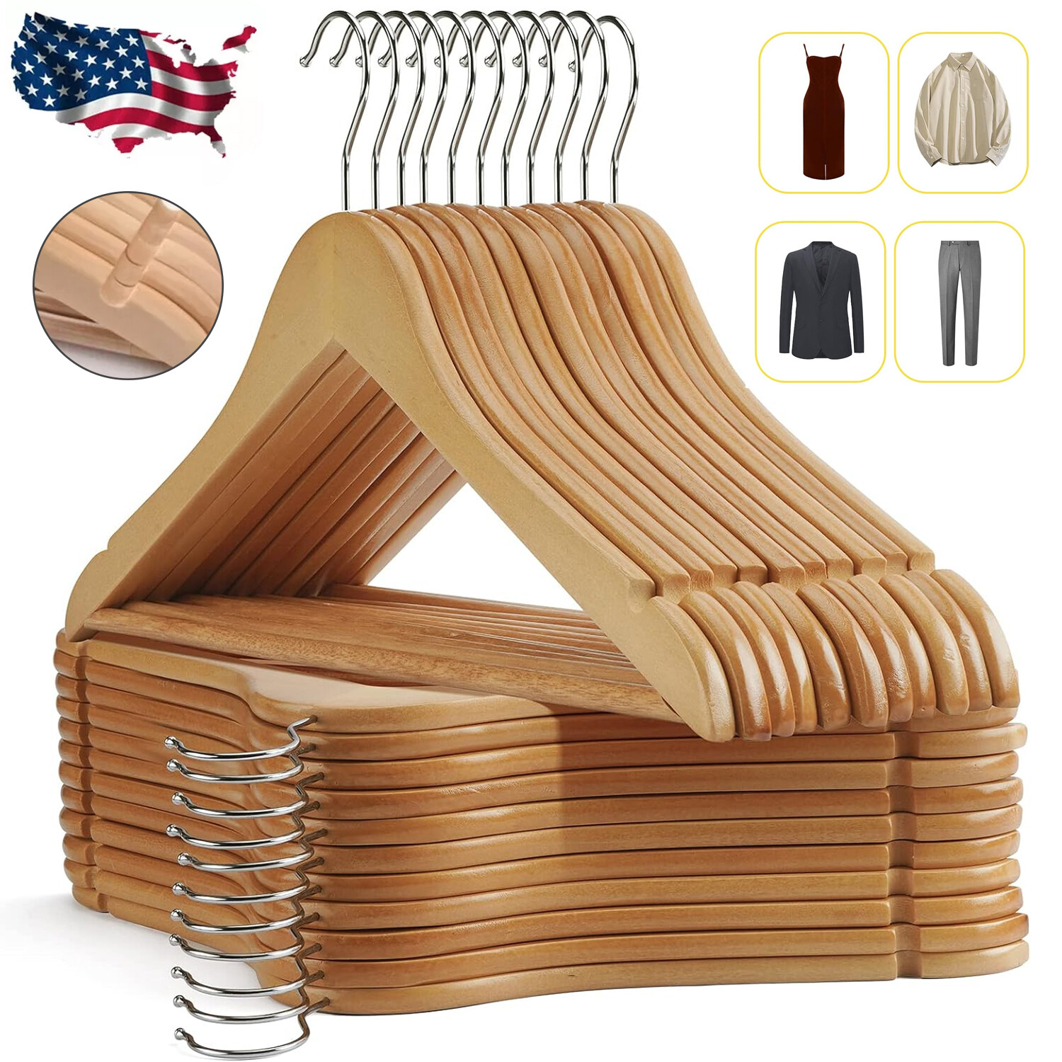 10-30 Pack Home Wood Clothes Hangers Premium Natural Finish Wooden Coat Hangers