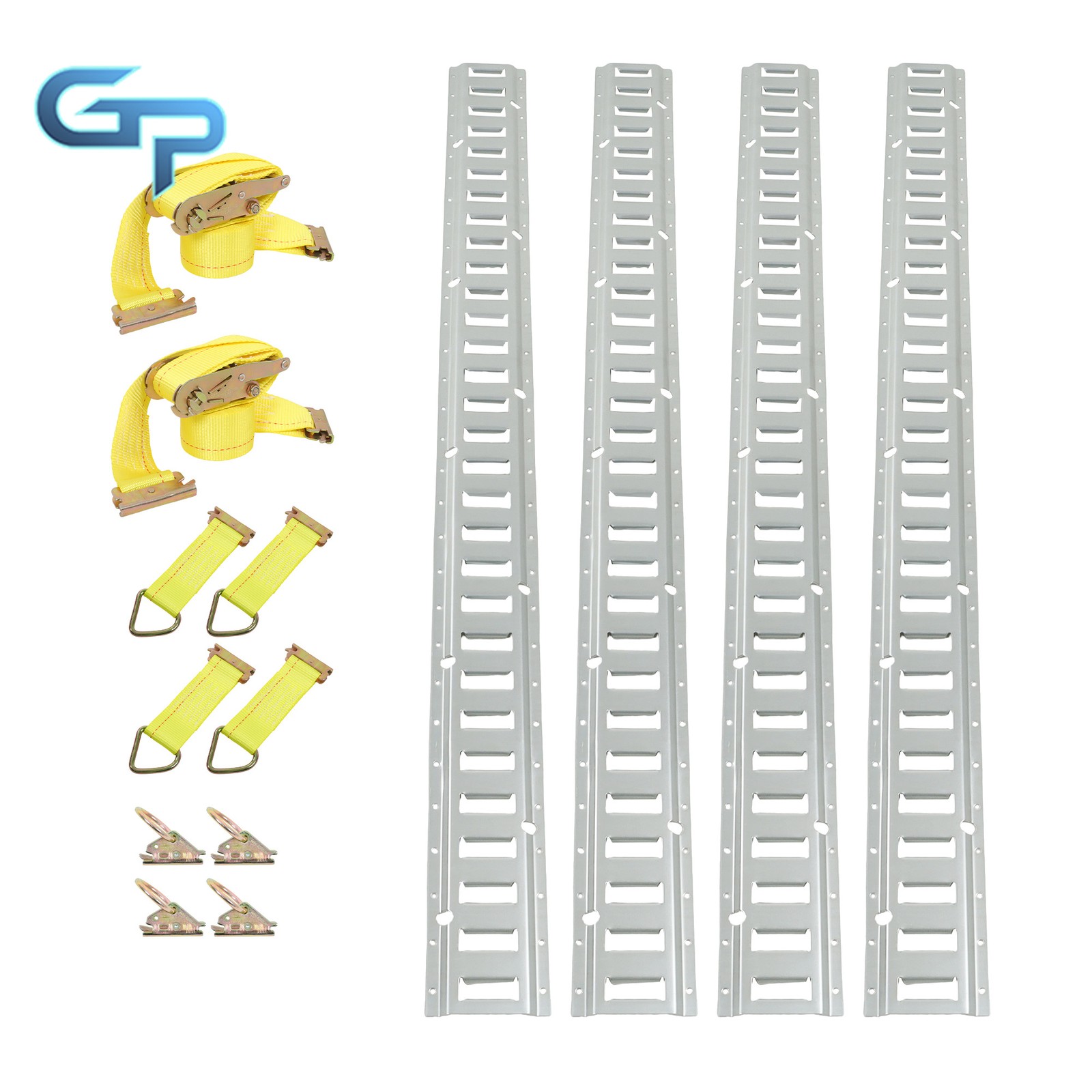 4×5' E Track Rails 2× Etrack Ratchet Straps 4× O Rings 4× Rope Tie Offs