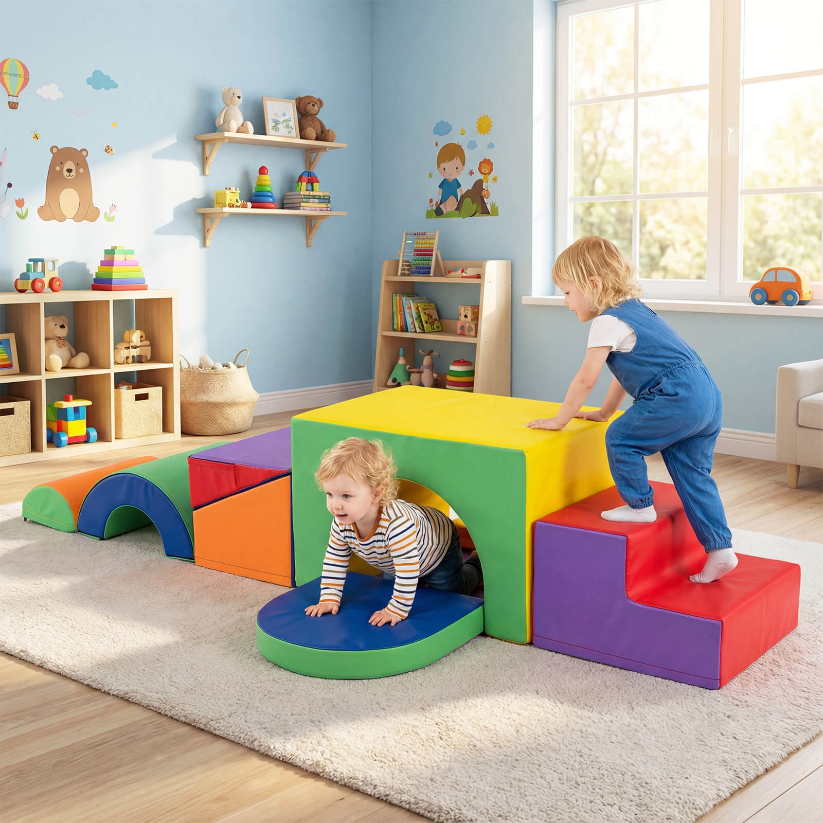 7PCS Soft Foam Climbing Blocks Set w/Slide & Tunnel, Waterproof & Easy to Clean