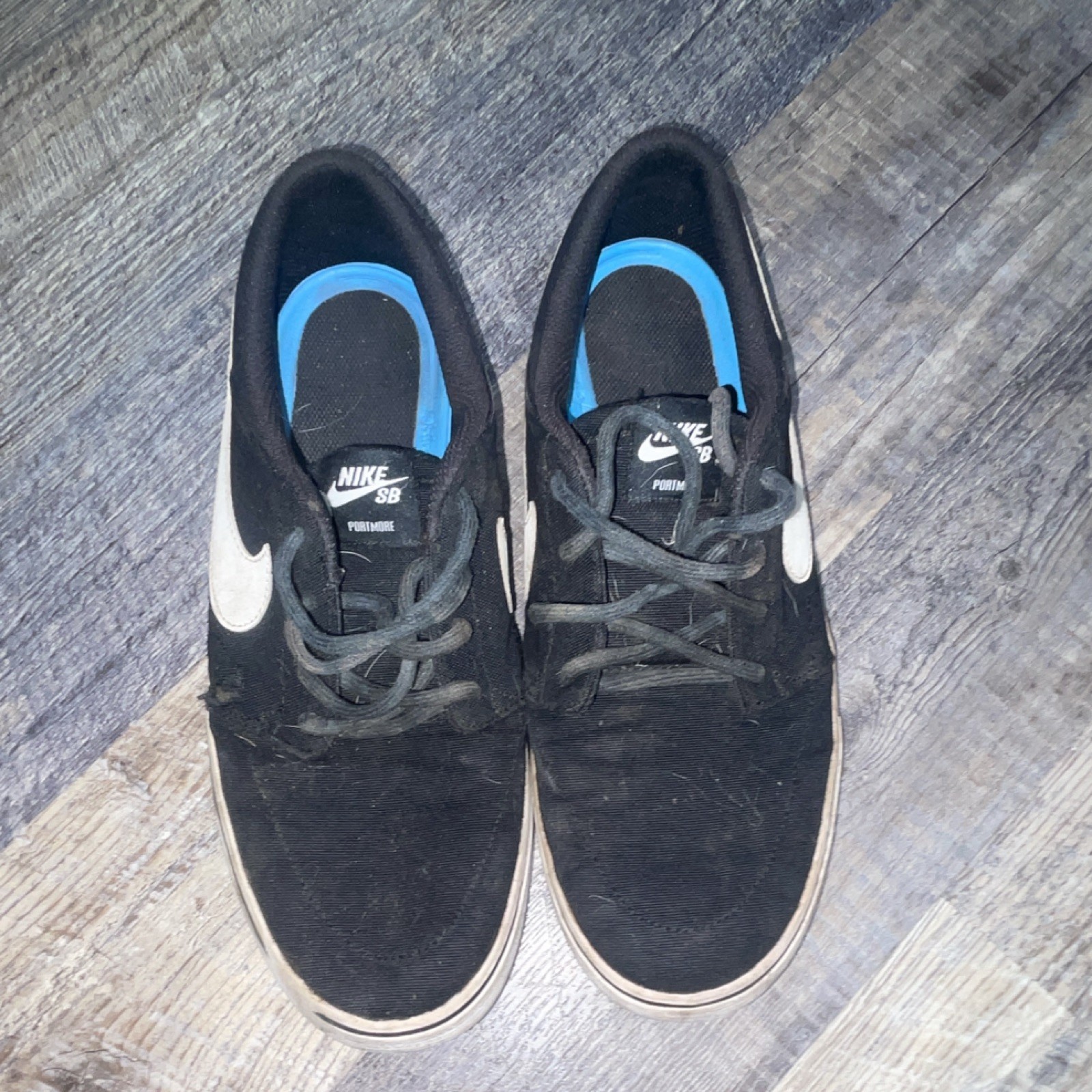 Nike SB Portmore Black Skateboarding Shoes Men's White Swoosh Low Top Lace Up