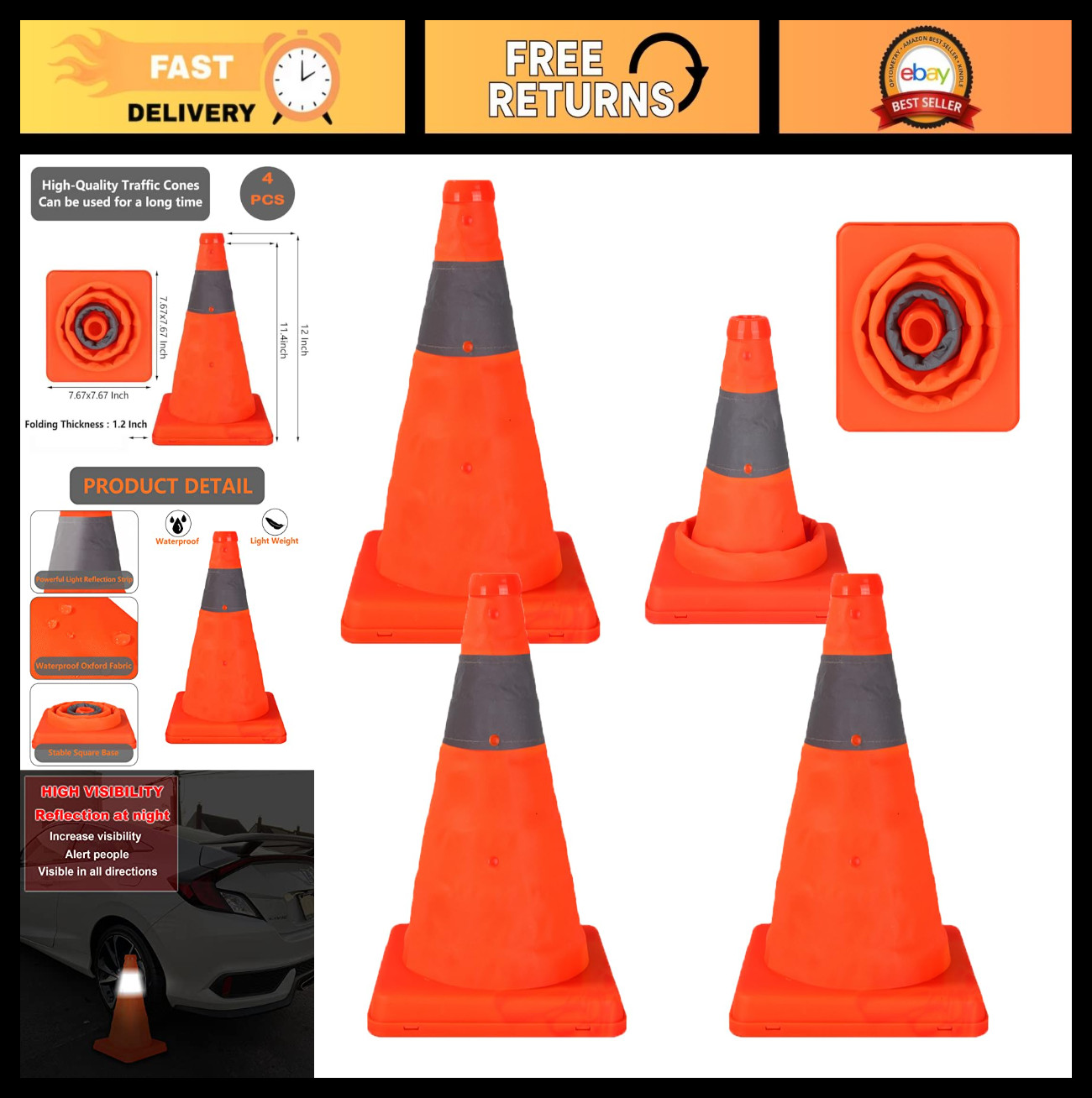 12" Collapsible Traffic Cones - 4 Pack, Reflective Safety Cones for Road, Traini