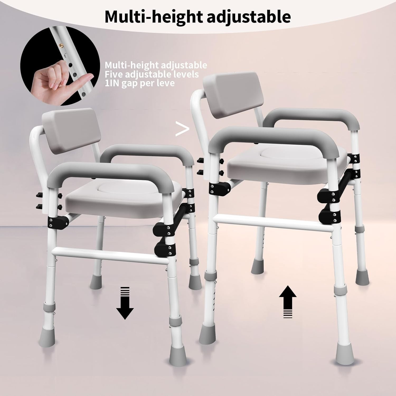 Adjustable Medical Bedside Commode Chair with Padded Backrest, Drop Arm Support