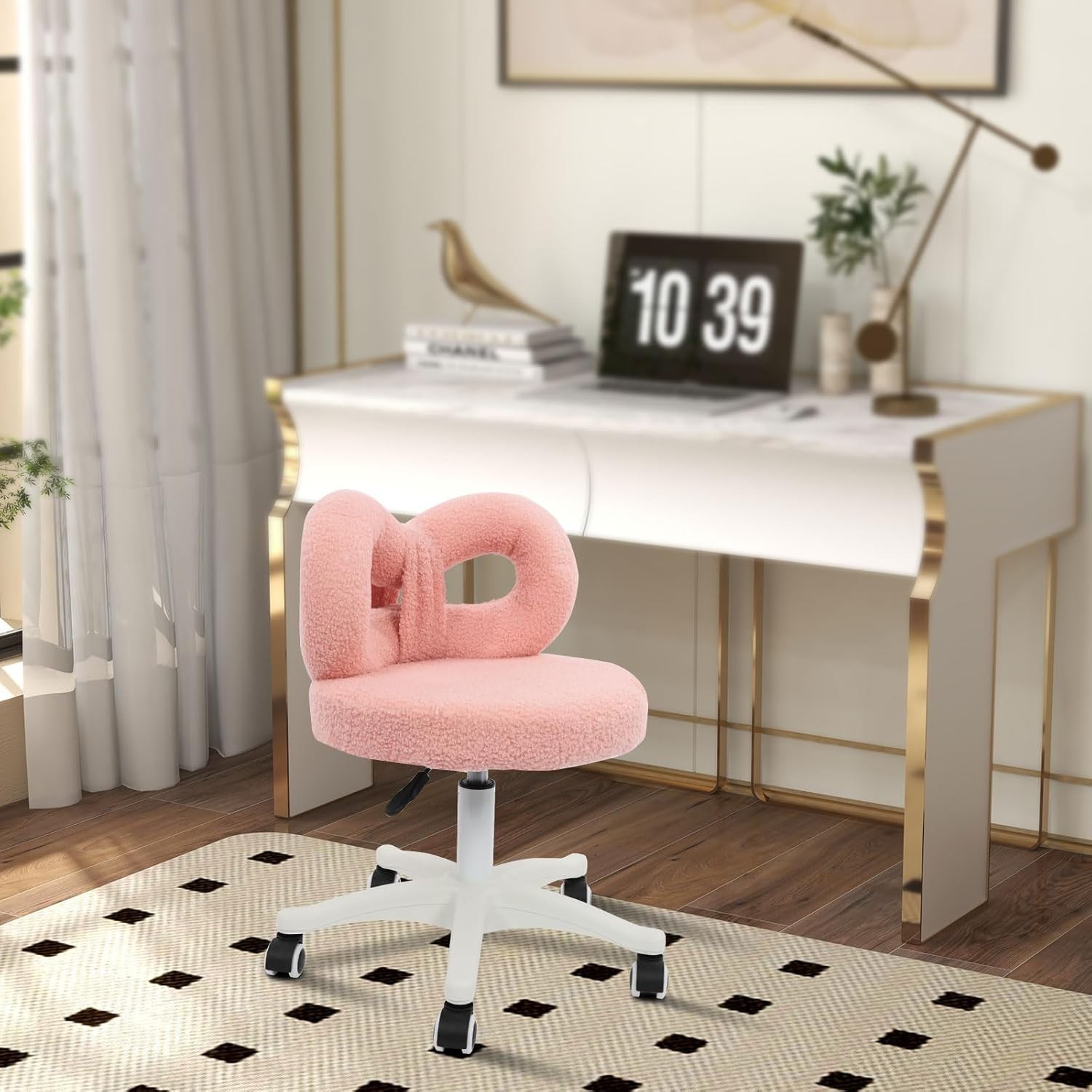 360° Pink Swivel Computer Chair - Height Adjustable with Wheels and Backrest